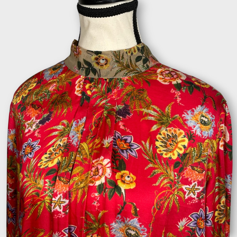 Nikasha Top MEDIUM Red Floral Mock Neck Puff Sleeve Smocked Waist Neck Tie EUC - Picture 3 of 10